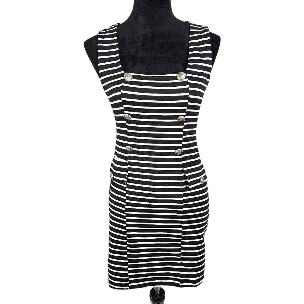 MONTEAU Size Small B&W Ponteโ Knit Sheath Dress Square Neckline Striped Bodycon
